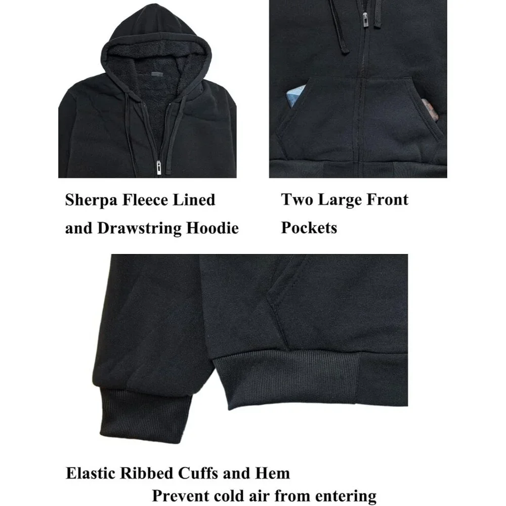 Lined Hoodies for Men Heavyweight Full Zip Up Sweatshirt Thick Fleece Jackets - Picture 3 of 6